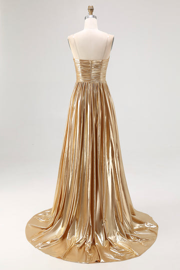 Sparkly Golden A Line Sweetheart Metallic Satin Pleated Long Prom Dress